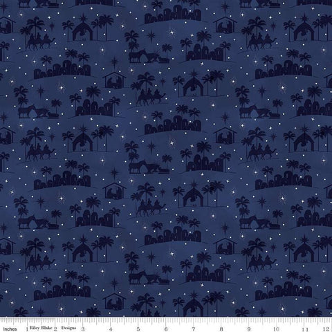 navy, Come Let Us Adore Him Collection Silhouettes Cotton Fabric C16311