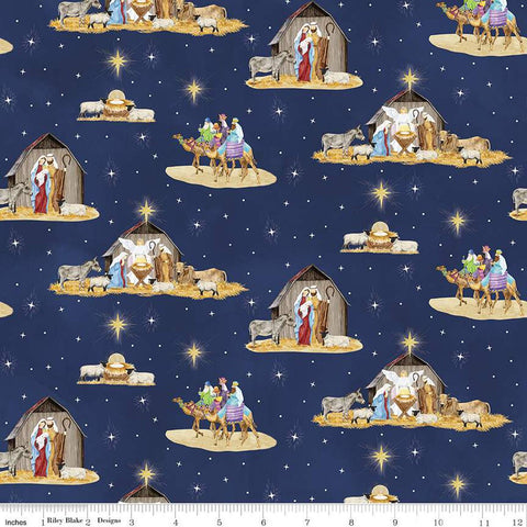 navy, Come Let Us Adore Him Nativity Cotton Fabric C16310