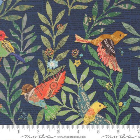 navy, Paper Hamlet Collection Newspaper Birds Cotton Fabric 39560