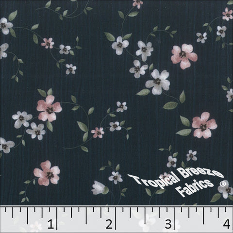 navy, Sweet Cream Floral Print Polyester Fabric 042525