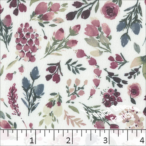 raspberry, Crinkle Creme Floral Print Polyester Fabric 042523