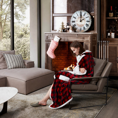 Red and black plaid hooded throw