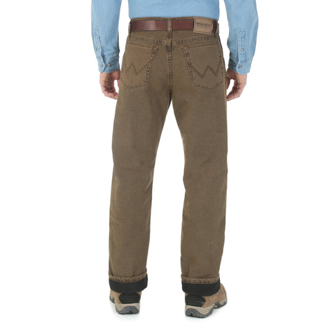 Night Brown Wrangler thermal jeans, back view.