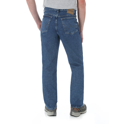 Antique Indigo Wrangler Relaxed fit jeans, back view.