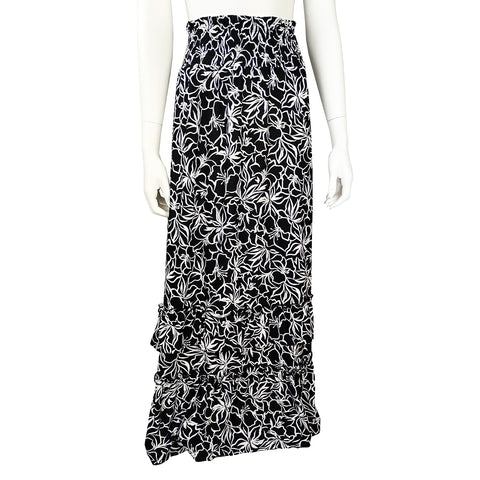 Black/White Floral Print Smocked Maxi Skirt with Ruffles SK4084-4315