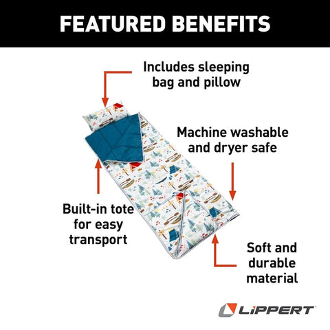 Lippert Children's Sleeping Bag with Attached Pillow showing features