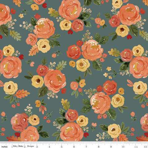teal, Happy Fall Days Collection Flowers and Leaves Cotton Fabric C16340