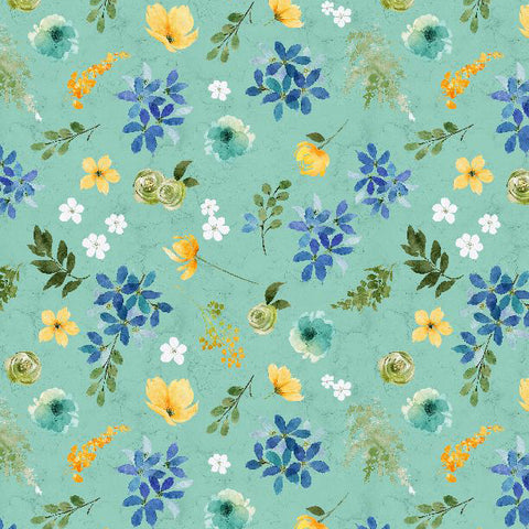 teal, Sunlit Serenade Collection Large Floral Cotton Fabric 40772