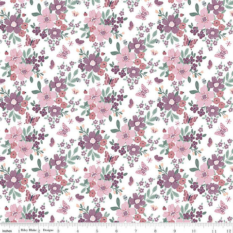Buds and Butterflies Collection Floral Cotton Fabric C15350 white