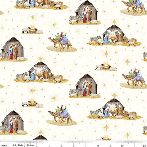 white, Come Let Us Adore Him Nativity Cotton Fabric C16310