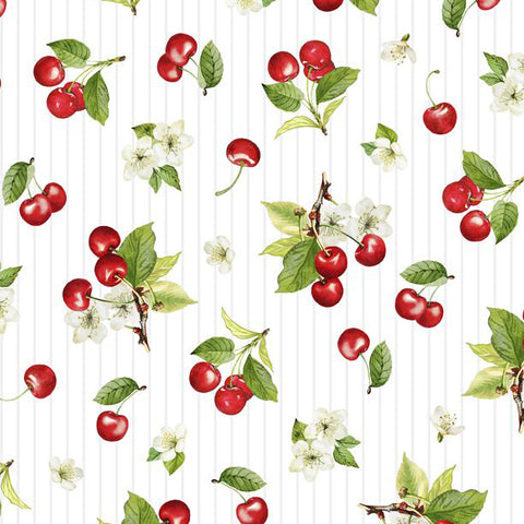 white, Sweet Cherry Collection Cherry Toss Cotton Fabric 68570