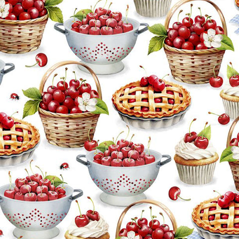 white, Sweet Cherry Collection Cherry Treats Cotton Fabric 68569