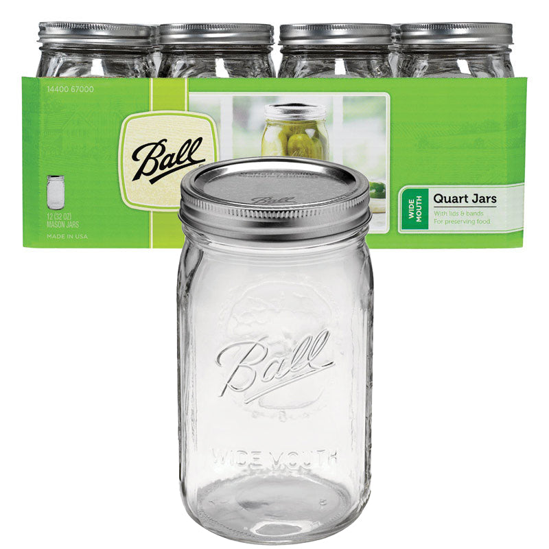 Wide Mouth Mason Jars – Quart (32 Oz) – Box Of 12 – Clear Glass, Silver Lid, Dishwasher Safe