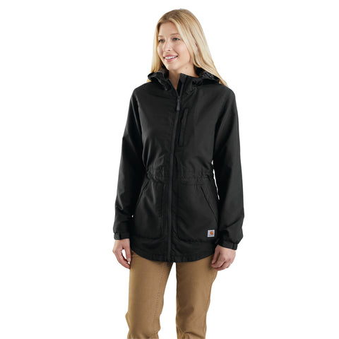 Woman wearing black rain jacket