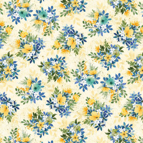 yellow, Sunlit Serenade Collection Tossed Bouquets Cotton Fabric 40771