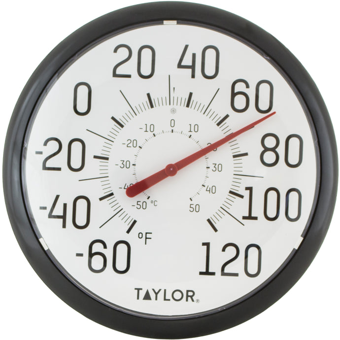 Taylor outdoor thermomter, easy read, black numbers on white face.