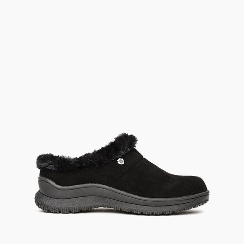 Minnetonka women's Emerson low winter boot in black, side view