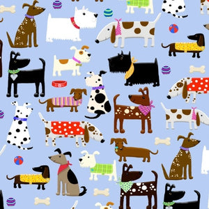 Dogs on Blue Cotton Flannel Fabric N-0970-11