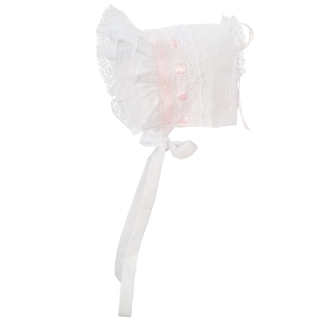 Pink ribbon baby bonnet.