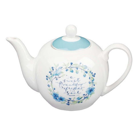 A Sweet Friendship Ceramic Teapot - Proverbs 27:9 Front with Verse
