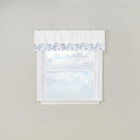 Valance curtain with blue floral trim