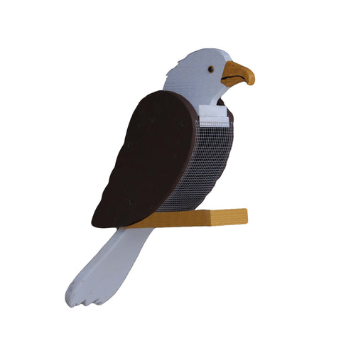 Large wooden birdfeeder shaped and painted to look like a bald eagle.