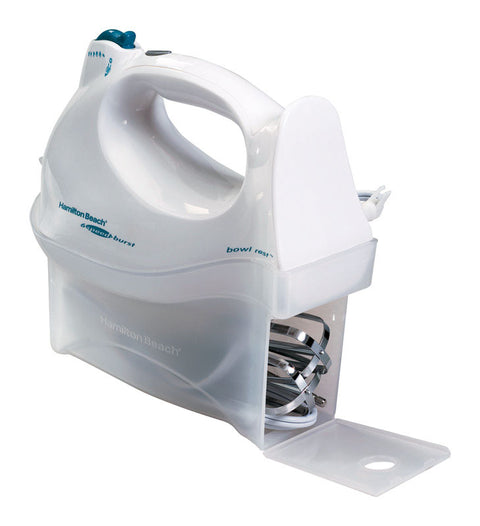 Hamilton Beach White 6-speed Hand Mixer on storage case