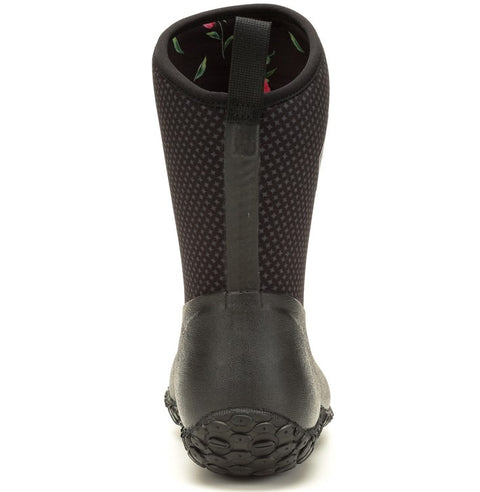 Women's Muckster II Mid boot in Black with Rose Print inside rear view