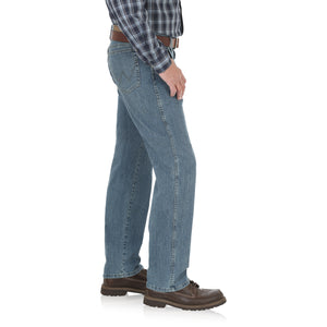 Side of the Wrangler blue jeans.