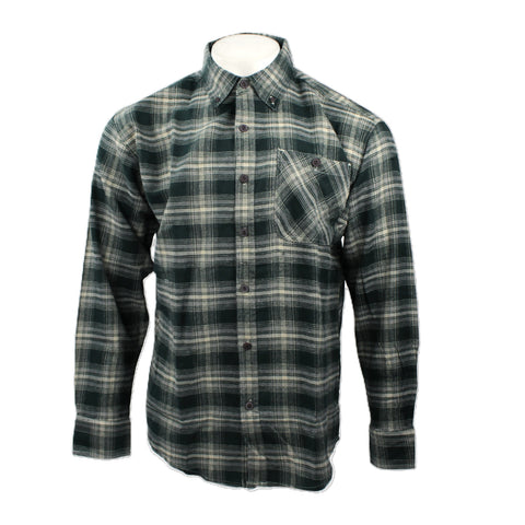 Good Traditions men's Yellowstone midweight flannel shirt in dark forest green plaid