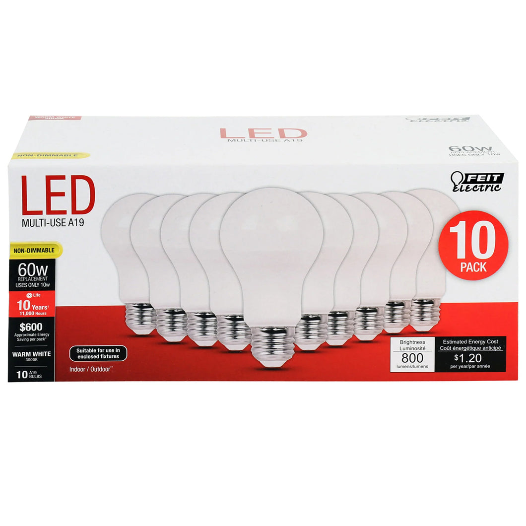 60W A19 Warm White LED Light Bulbs 10-Pack A80083010K