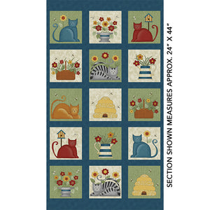 Fabric Panels Cats w Yarn Set of 4 Square 2 Designs Blue & Brown