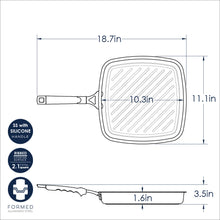 Dimensions of Grill Pan; SS with silicone handle; ribbed cooking surface; 2.1 quarts; aluminized steel