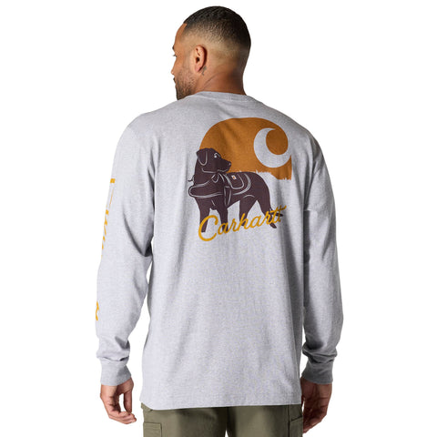 Carhartt men's loose fit dog graphic long-sleeve tee 107042 in heather gray showing back