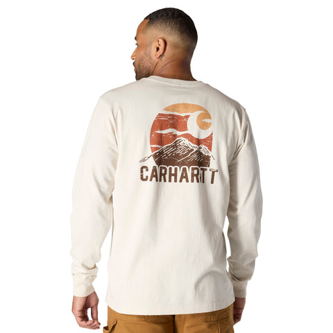 Carhartt men's relaxed fit mountain graphic long-sleeve tee in malt color showing back