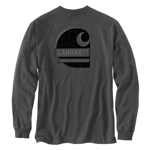 Back of Carhartt men's Irvine relaxed fit Tough C logo long-sleeve tee shirt