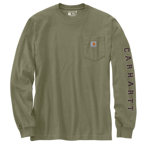 Front of Carhartt men's Irvine Relaxed Fit Pointer Badge Graphic long-sleeve tee shirt