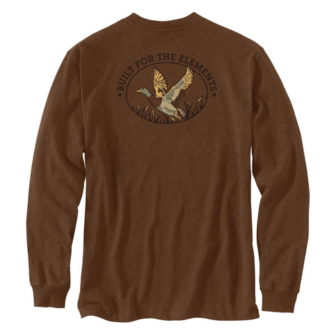 Back of Carhartt men's Irvine Relaxed Fit Duck Badge Graphic long-sleeve tee shirt in red duck heather