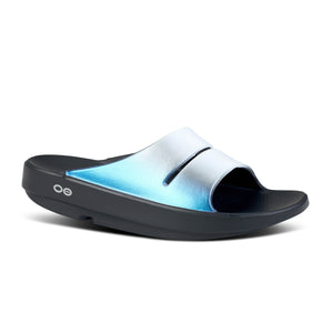 Oofos Ooahh Luxe Slide Sandal in frost outstep view