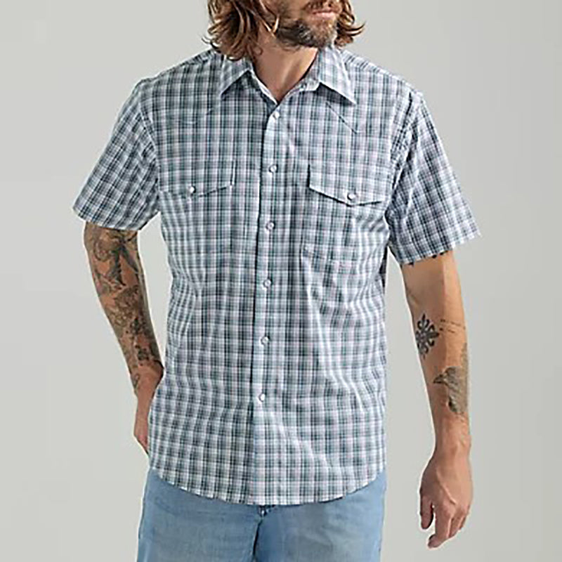Gray Blue Men's Wrinkle Resist Short-Sleeve Western Snap Plaid Shirt 112324663