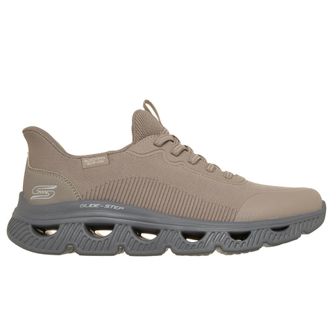 Side view of Skechers men's Slip-ins BOBS Sport Arc Waves - Upper Motion shoe in dark taupe