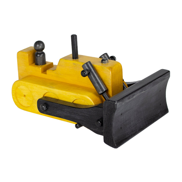 Yellow and black wooden bulldozer front right