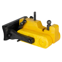 Yellow and black wooden bulldozer back left