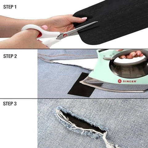 Steps in using Singer Black Iron-On Mending Fabric patch