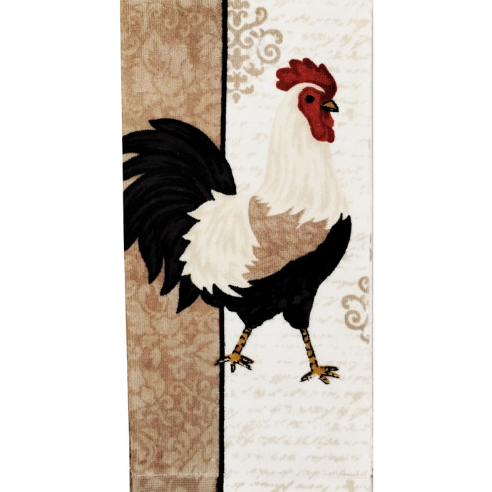 Split Rooster Fiber Reactive Kitchen Towel: Rooster Against Split Background in Tan and Cream Colors
