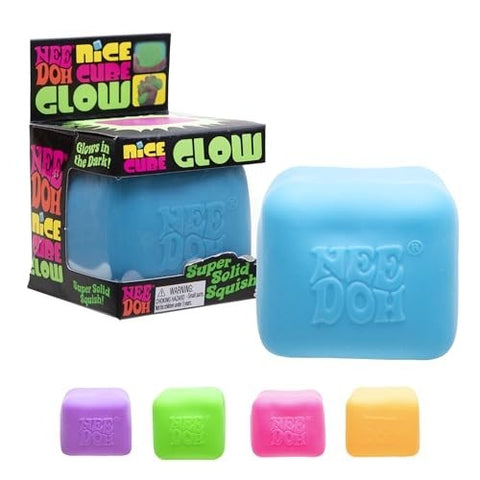 NeeDoh Nice Cube Glow squishy toys showing five colors