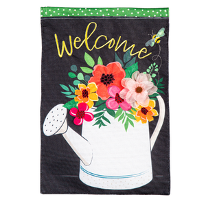Watering Can Welcome Burlap Flag