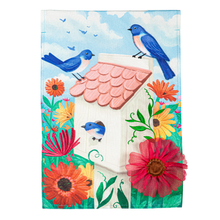 Bird House and Bluebirds Linen Flag