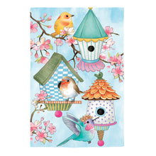 Birdhouse and Birds on Blossoms Linen Flag