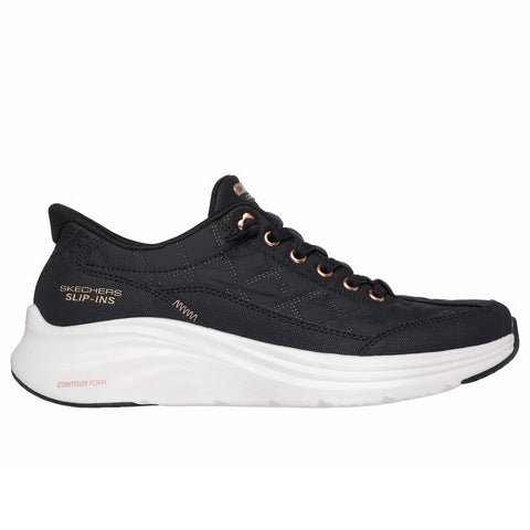 Side view of Skechers Slip-ins women's Contour Foam - Cozy Fit Golden Hour shoe in black